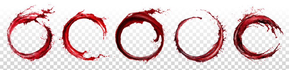Vector set of blood ring frames or wine splash swoosh effect isolated on transparent background.