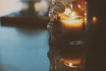 Candle burns inside glass skull creating an eerie atmosphere for Halloween night