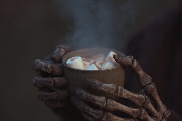 Obraz premium Skeleton gloves holding a steaming cup of hot chocolate with marshmallows during a chilly Halloween evening celebration