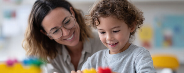 A teacher watches a smiling child play with toys. Illustrates learning, development,  interaction. Use for education, parenting, childcare content.