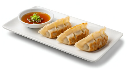 side view of  gyoza dumplings with sauce on white platter 