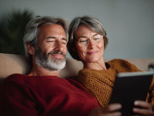 Mature couple relaxing together on the sofa, using a tablet. Represents connection, leisure, home life, and modern lifestyle. Great for depicting family, retirement, or togetherness.