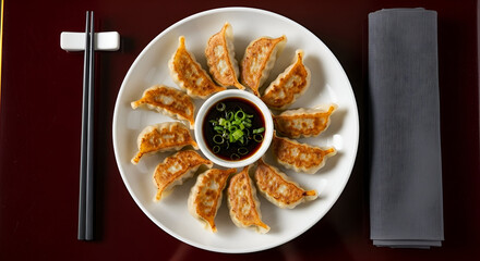 Crispy Pan-Fried Gyoza Dumplings on white plate on wood table 