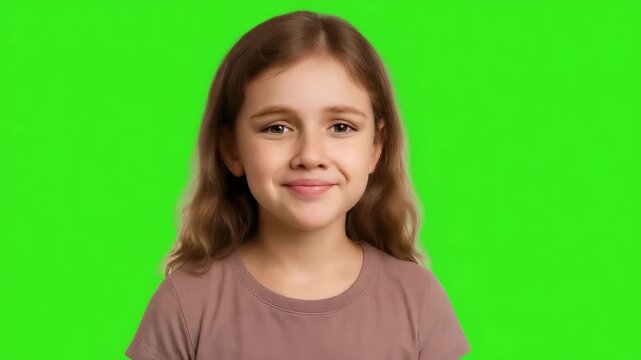 A young girl is pouting with pursed lips against a bright green background.