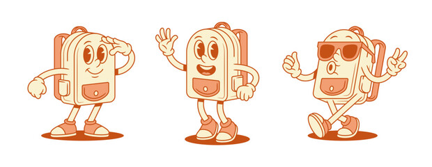 Cute positive schoolbag backpack cartoon character set isometric vector illustration. Smiling cheerful school bag pupil education minimalist mascot searching hi hello greeting in sunglasses © provectors
