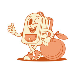 Smiling schoolbag backpack cartoon character with apple isometric vector illustration. Happy comic school bag pupil studying education minimalist mascot healthy food vitamin fruit knowledge