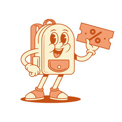 Smiling cute schoolbag backpack cartoon character shopping sale isometric vector illustration. Happy comic school bag pupil studying education minimalist mascot discount Black Friday voucher