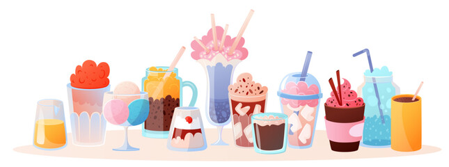 Set of different types of drinks and desserts. Hot and cold coffee drink, ice cream, creamy desserts, lemonades. Espresso, tea, latte, americano, cappuccino in horizontal vector composition
