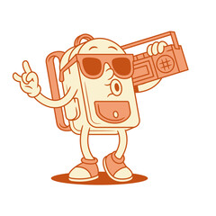 Cool schoolbag backpack cartoon character retro music player isometric vector illustration. Funky comic school bag pupil education minimalist mascot in sunglasses disco party audio musical sound