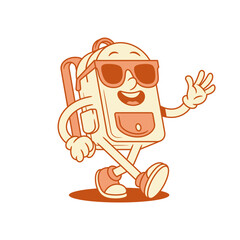 Cool smiling schoolbag backpack cartoon character isometric vector illustration. Happy cheerful school bag pupil education minimalist mascot walking in sunglasses greeting hi hello waving hand
