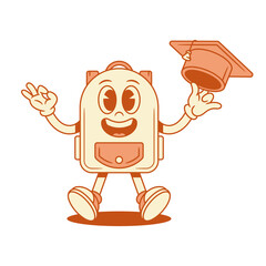 Happy schoolbag backpack cartoon character with graduation cap isometric vector illustration. Smiling school bag pupil education studying minimalist mascot rejoicing having fun graduate knowledge