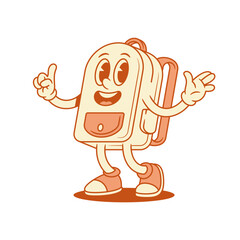 Funky cheerful schoolbag backpack cartoon character idea gesture isometric vector illustration. Adorable smiling school bag pupil education minimalist mascot innovation invention attention gesturing