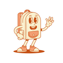 Funny smiling schoolbag backpack cartoon character waving hand isometric vector illustration. Happy cheerful school bag pupil education studying minimalist mascot hi hello greeting positive emotion