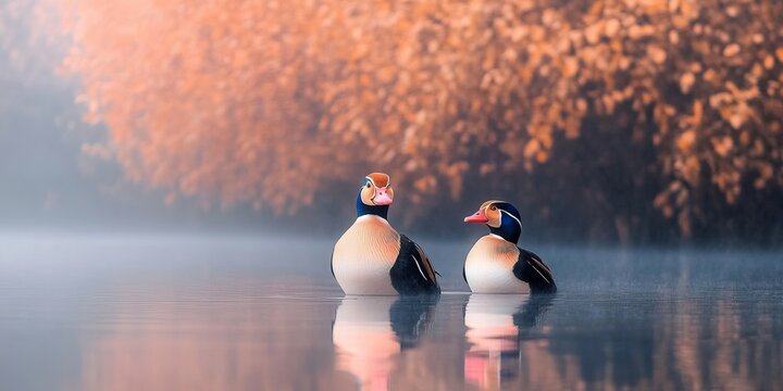 Serene Morning with Mystical Mandarin Ducks Gliding on Misty Lake Waters Amidst Autumn Reflections - Powered by Adobe