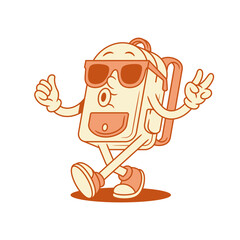 Cool funky schoolbag back to school cartoon character walking isometric vector illustration. Cheerful funny backpack bag pupil studying education minimalist mascot in sunglasses with peace gesture