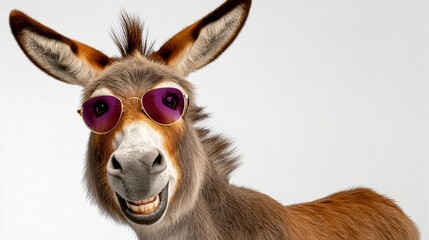 Fototapeta premium A donkey with sunglasses on its face is smiling. The sunglasses are purple and the donkey's eyes are also purple