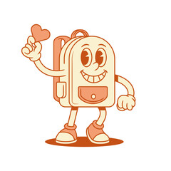 Smiling schoolbag back to school cartoon character with heart isometric vector illustration. Happy cheerful backpack bag pupil studying minimalist mascot with love like amor symbol