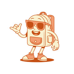 Cheerful schoolbag back to school cartoon character relax isometric vector illustration. Funky comic cool backpack bag pupil education minimalist mascot in sunglasses walking surf gesture