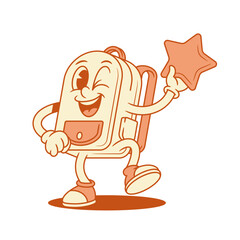 Comic schoolbag back to school cartoon character with star isometric vector illustration. Funky smiling backpack bag pupil studying education minimalist mascot happy dancing best rate evaluation