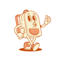 Funny schoolbag back to school cartoon character walking isometric vector illustration. Cheerful comic backpack bag pupil studying education minimalist mascot whistling cool thumb up good recommend