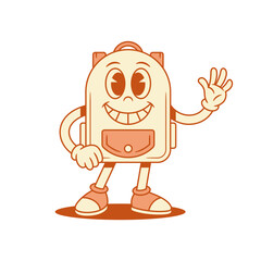 Happy schoolbag back to school cartoon character greeting isometric vector illustration. Smiling cheerful backpack bag pupil education minimalist mascot hi hello waving hand positive emotion