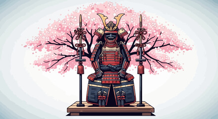 An illustrated depiction of a samurai warrior in full armor, seated in meditation beneath a cherry blossom tree, representing strength, peace, and the beauty of Japanese culture