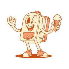 Smiling schoolbag back to school cartoon character with ice cream isometric vector illustration. Happy winked backpack bag pupil studying minimalist mascot eating summer dairy refreshment dessert