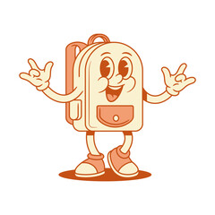 Cool cheerful schoolbag back to school cartoon character rock gesture isometric vector illustration. Smiling happy comic backpack bag pupil study education knowledge minimalist mascot positive emotion
