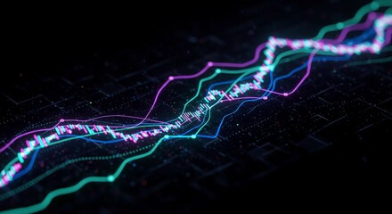 Abstract digital visualization of financial market data with glowing lines and charts on a dark background, representing growth and trends.