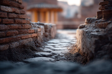 Ancient cobblestone path between weathered brick walls, leading to a distant structure. Evokes history, travel, and exploration. Ideal for historical or architectural content.