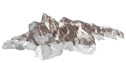 snow isolated on white/Mountain rock cliff peak ridge summit PNG landscape geology stone terrain slope nature rocky wilderness rough brown.