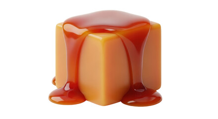 Isolated caramel cube covered in sweet syrup, rich buttery dessert, confectionery treat