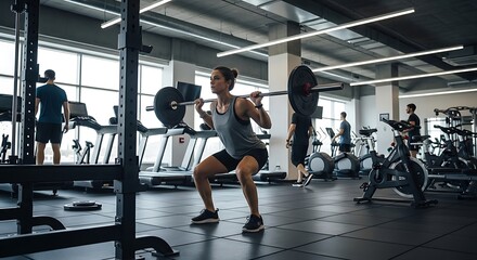 Focused young woman doing barbell squats in modern gym environment