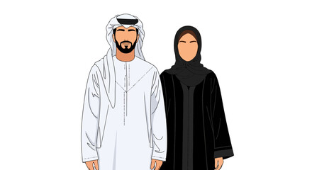 A depiction of Emirati couple in traditional clothing, portraying cultural heritage and modern Arab lifestyle for educational and promotional materials
