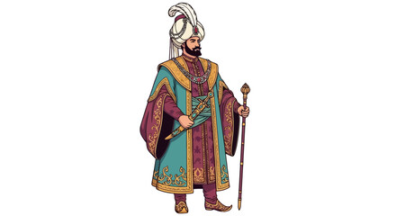 An illustration of a distinguished sultan adorned in traditional Ottoman attire, showcasing cultural heritage and historical significance, suitable for educational resources