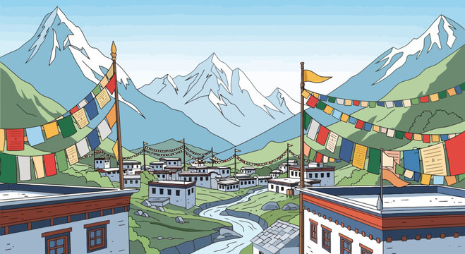 A serene tibetan village nestled in the himalayan mountains, featuring prayer flags fluttering in the wind and traditional architecture for travel and cultural exploration
