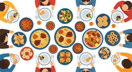 Fototapeta premium A top-down view of a diverse food spread showcasing a shared meal experience with friends and family in a warm and inviting setting perfect for social gatherings