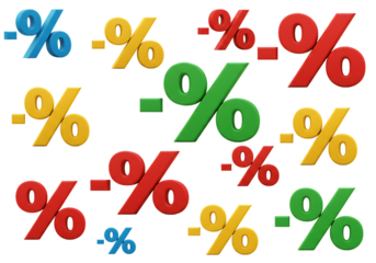 Colorful percentage signs isolated on transparent background represent discounts