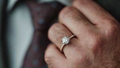 Close-up of a hand showcasing an engagement ring, with a tie and suit in the background