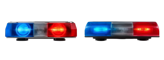 red and blue police siren light bar isolated on a white background, front view.