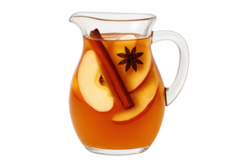 Glass pitcher with apple cider, cinnamon stick, star anise and apple slices on transparent background