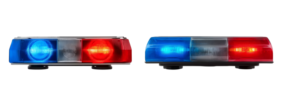 red and blue police siren light bar isolated on a white background, front view.