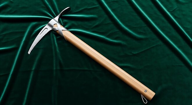 Classic Ice Axe with Wooden Handle Against Rich Green Velvet Backdrop