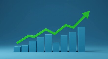 A 3D rendering of a blue bar chart with a green upward trending arrow indicating growth and success.