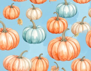 Watercolor pumpkins on a light blue background