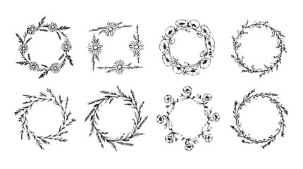 Set of eight delicate botanical wreaths and decorative frames with floral and leafy elements silhouette