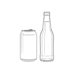 Vector art of a minimalist line drawing of a soda can and a beer bottle, , showcasing beverage containers in a simple style