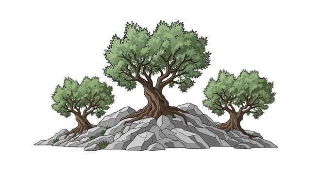 A serene illustration featuring three stylized olive trees perched atop a rocky outcrop, ideal for nature-themed designs, logos, or educational materials