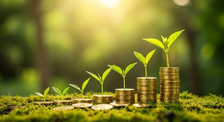 Growing plants on stacks of coins, symbolizing financial growth and investment in nature.