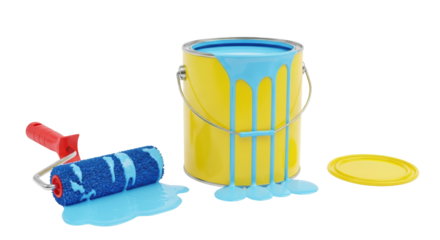 Isolated paint can with brush and spilled paint for DIY decorating project at home